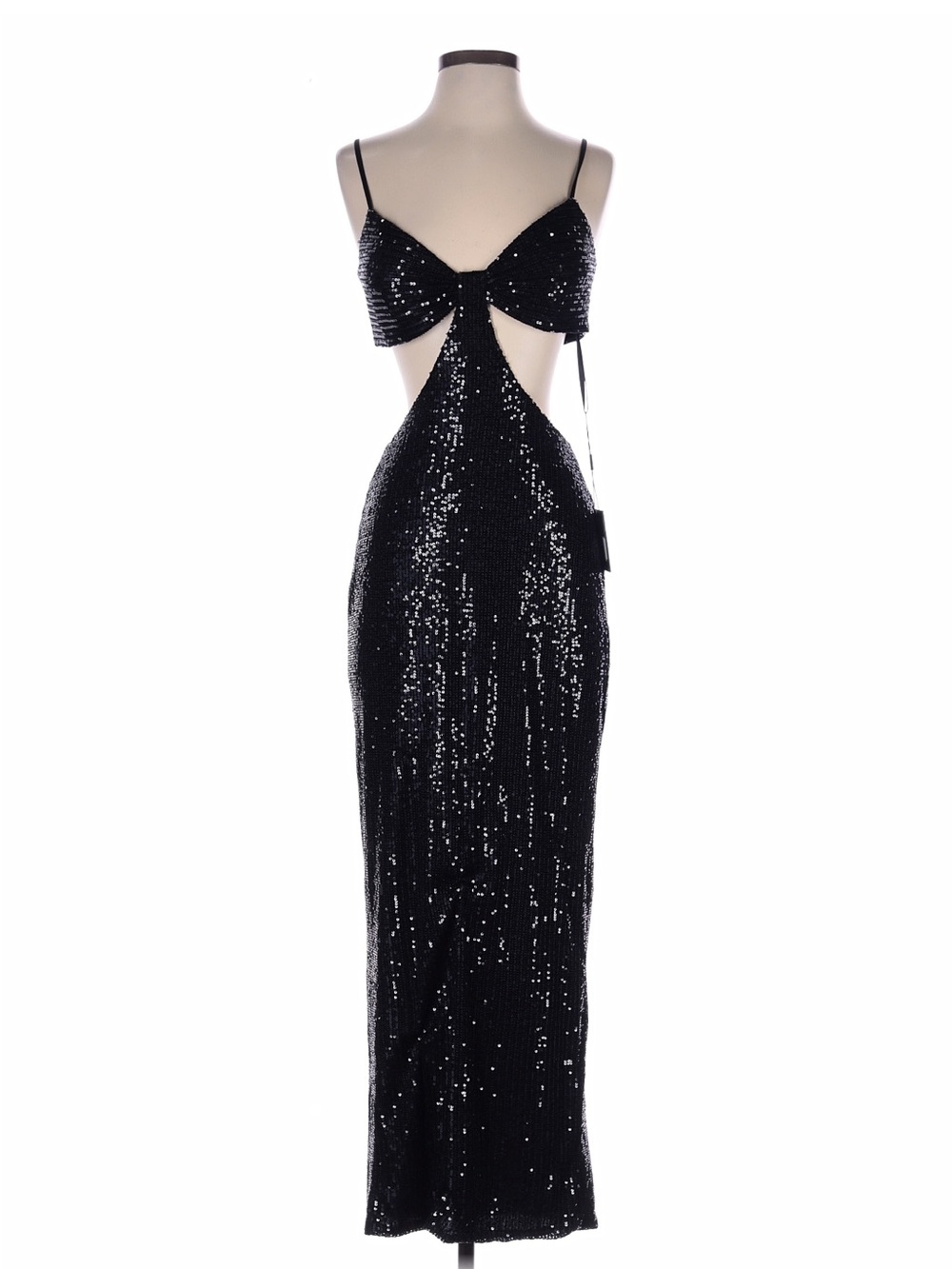 Black Sequin Cutout Maxi Dress with Bow Detail